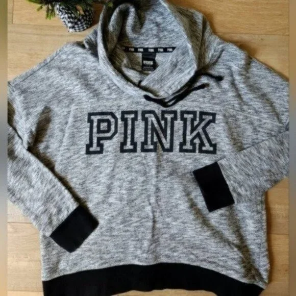 Pink Victorias Secret Logo Pullover Cowl Neck Sweatshirt L - Picture 2 of 4